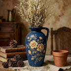 Vintage Navy Floral Painted Pitcher Vase