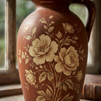 Vintage Terracotta Floral Painted Pitcher Vase