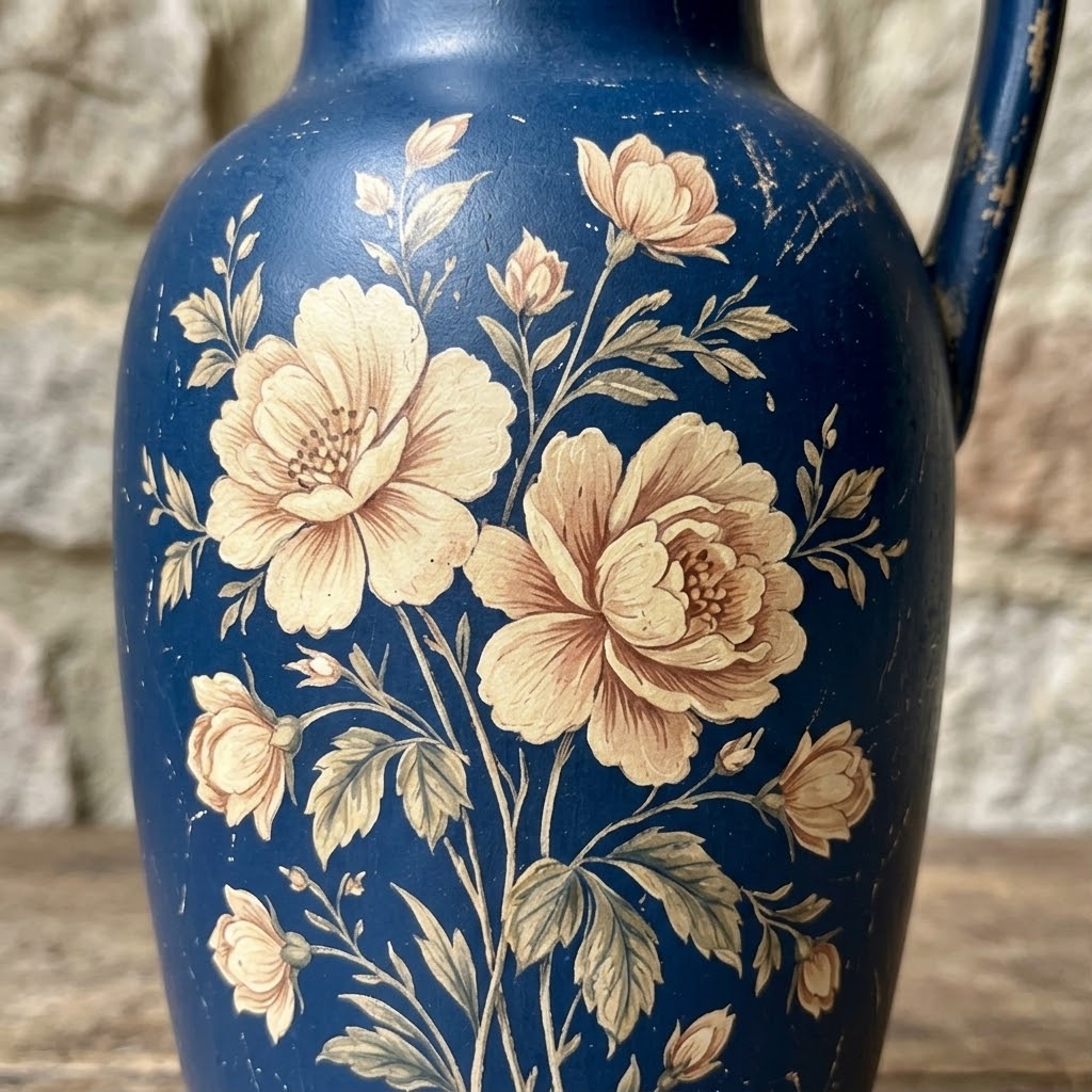 Vintage Navy Floral Painted Pitcher Vase