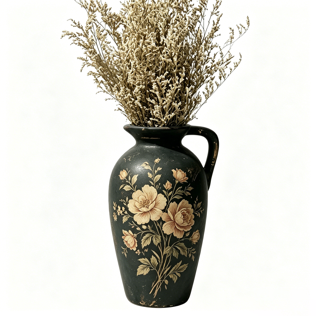 Vintage Noir Floral Painted Pitcher Vase
