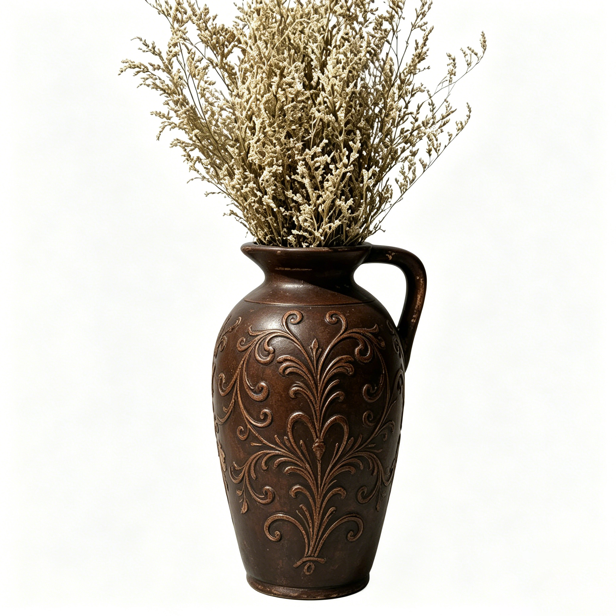 Antiqued Brown Scrollwork Pitcher Vase