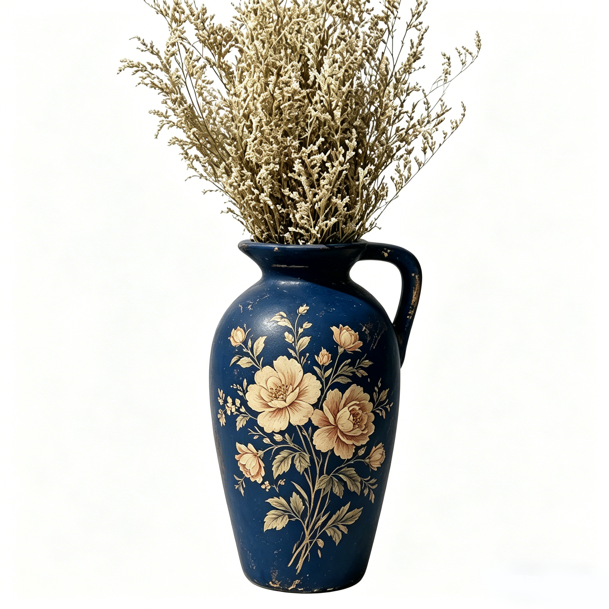 Vintage Navy Floral Painted Pitcher Vase