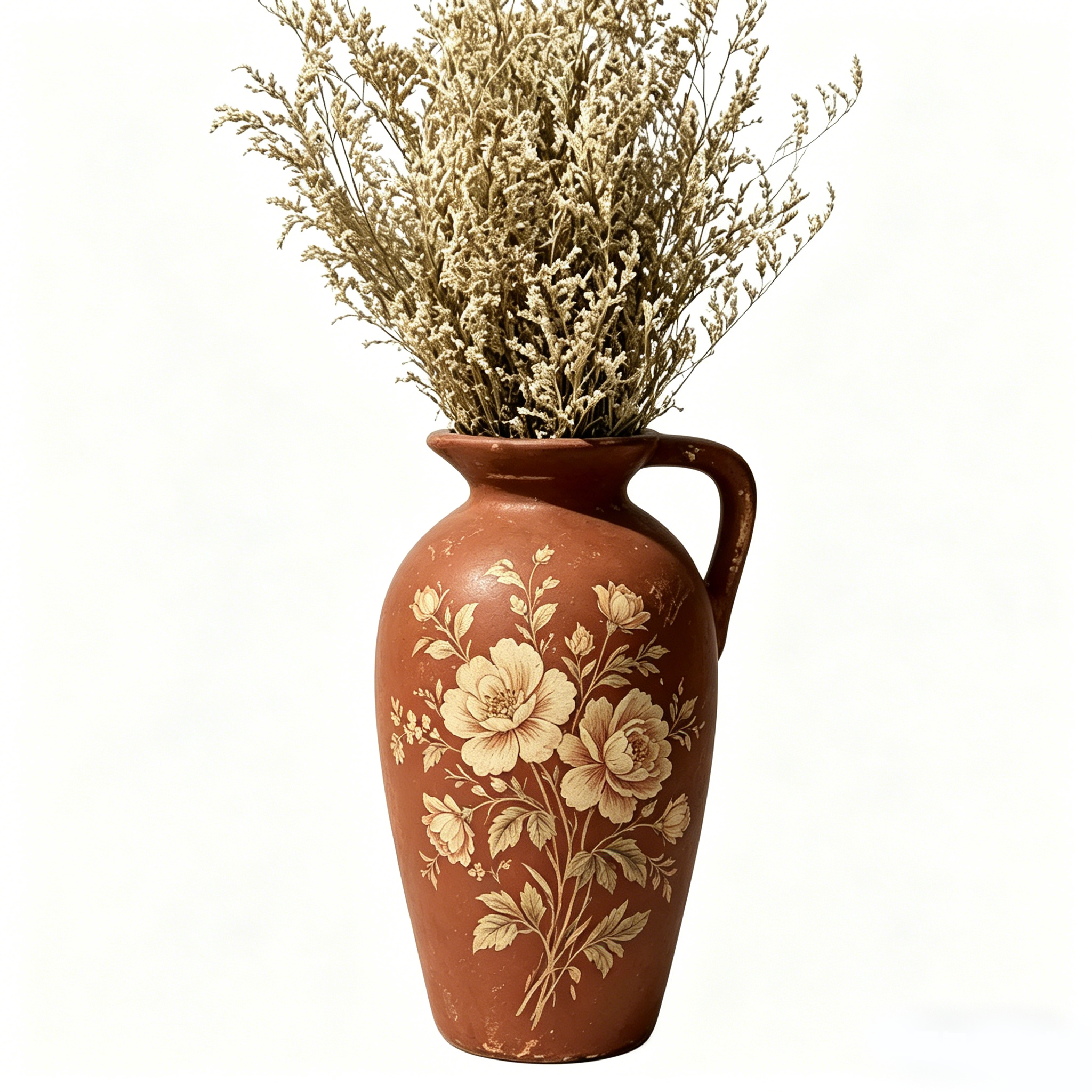 Vintage Terracotta Floral Painted Pitcher Vase