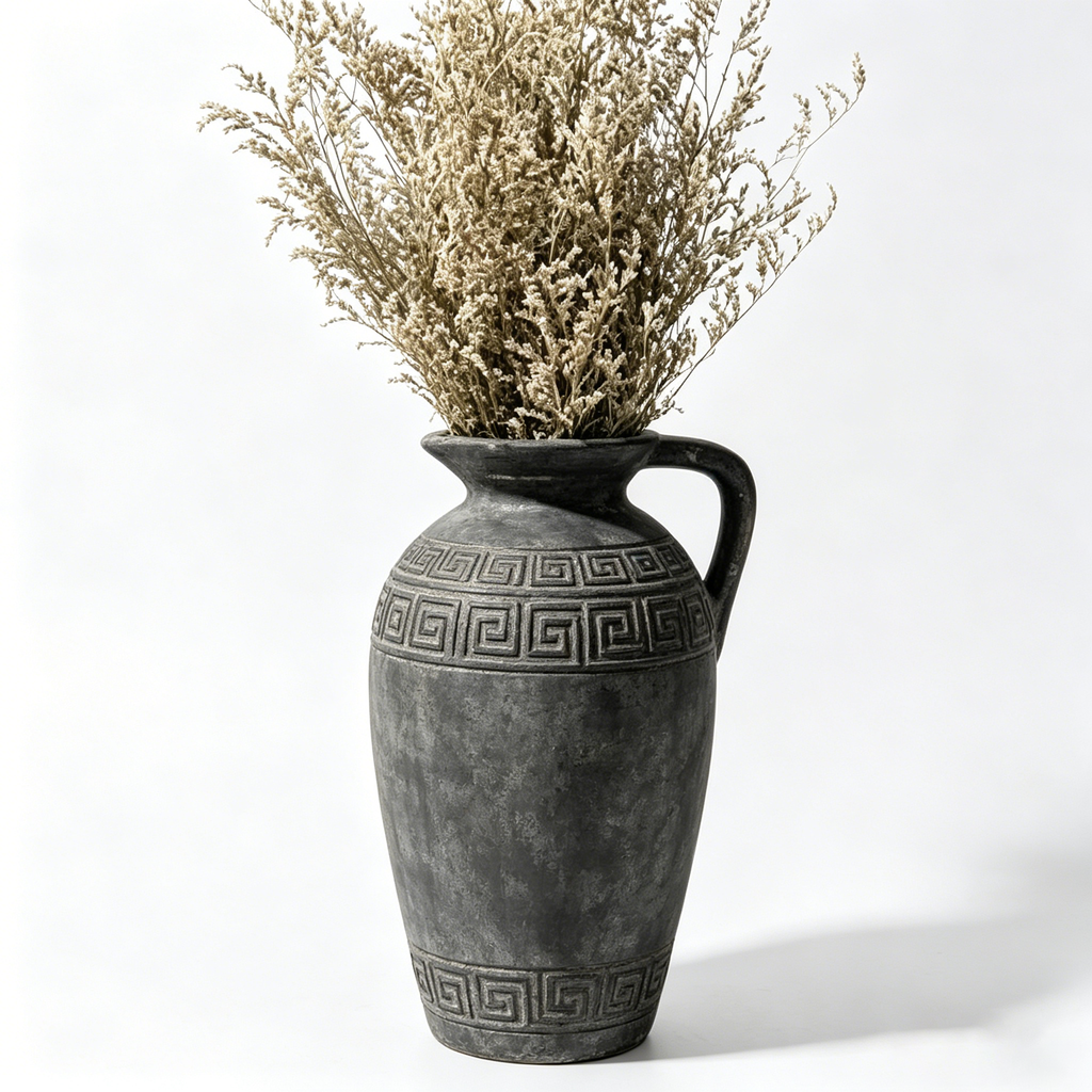 Antiqued Charcoal Greek Key Pitcher Vase
