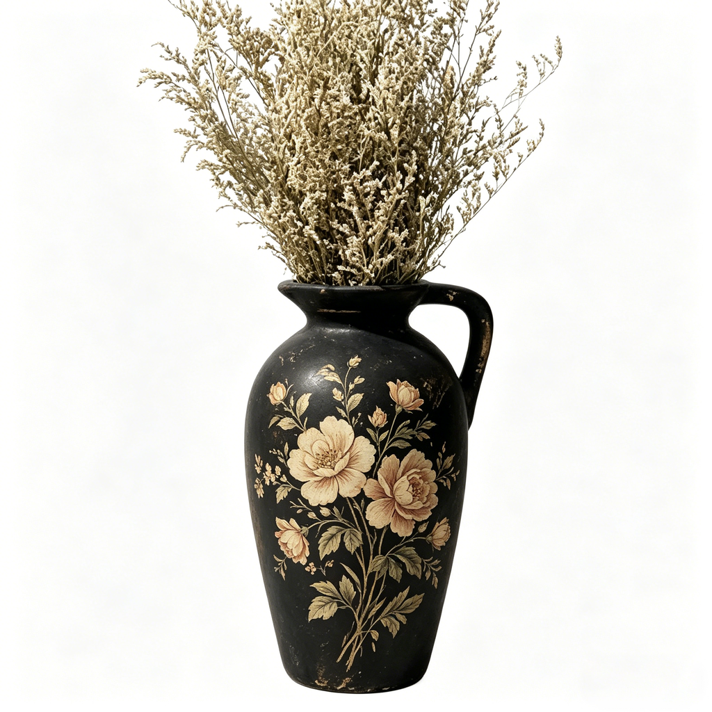 Vintage Black Floral Painted Pitcher Vase