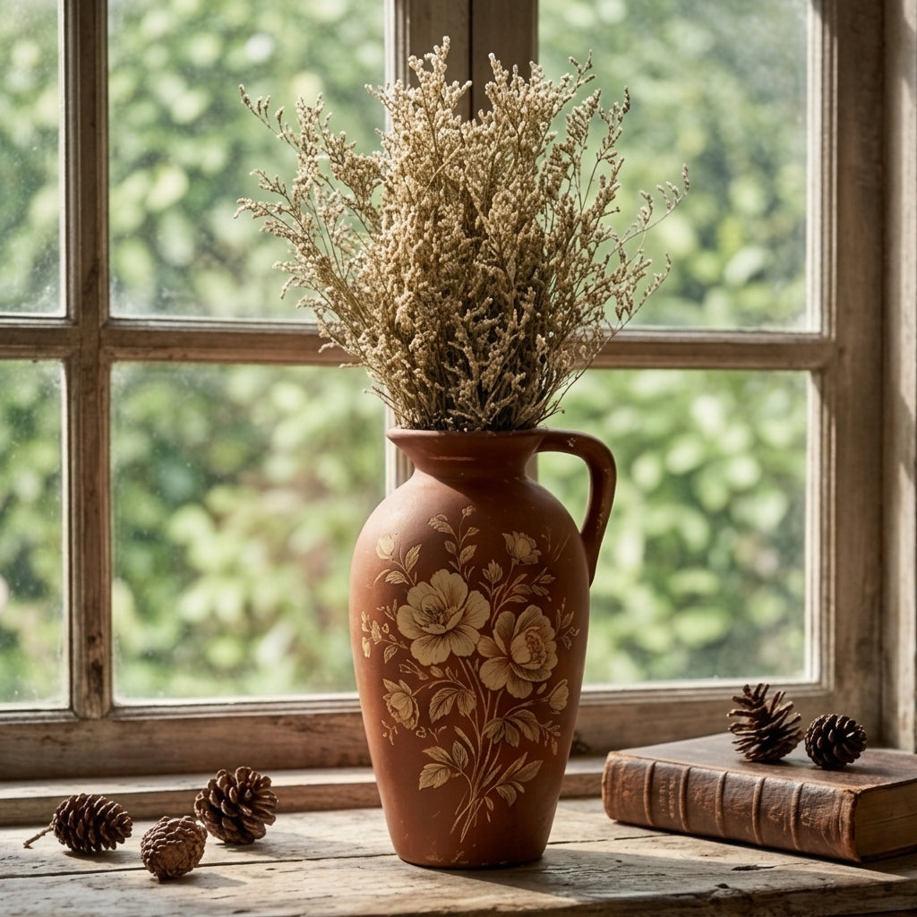 Vintage Terracotta Floral Painted Pitcher Vase