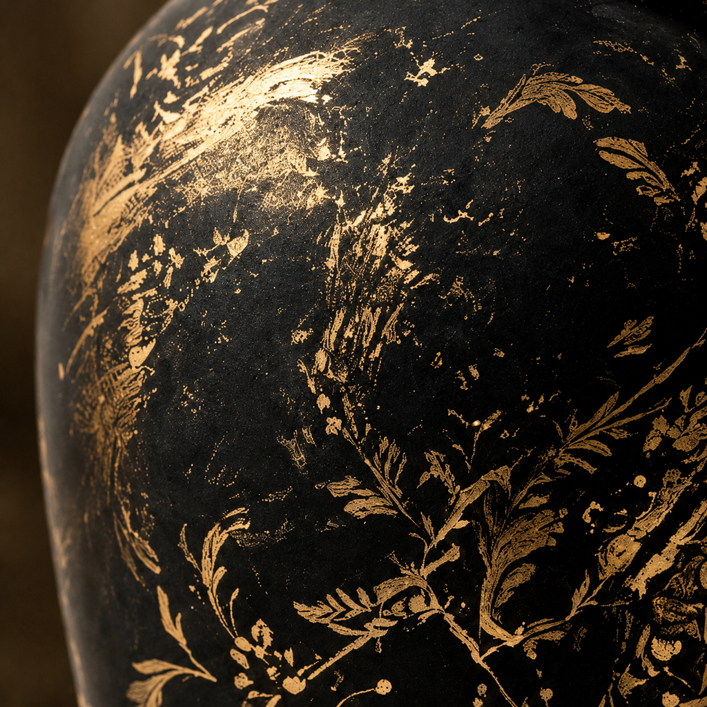 Antique Black and Gold Botanical Pitcher Vase