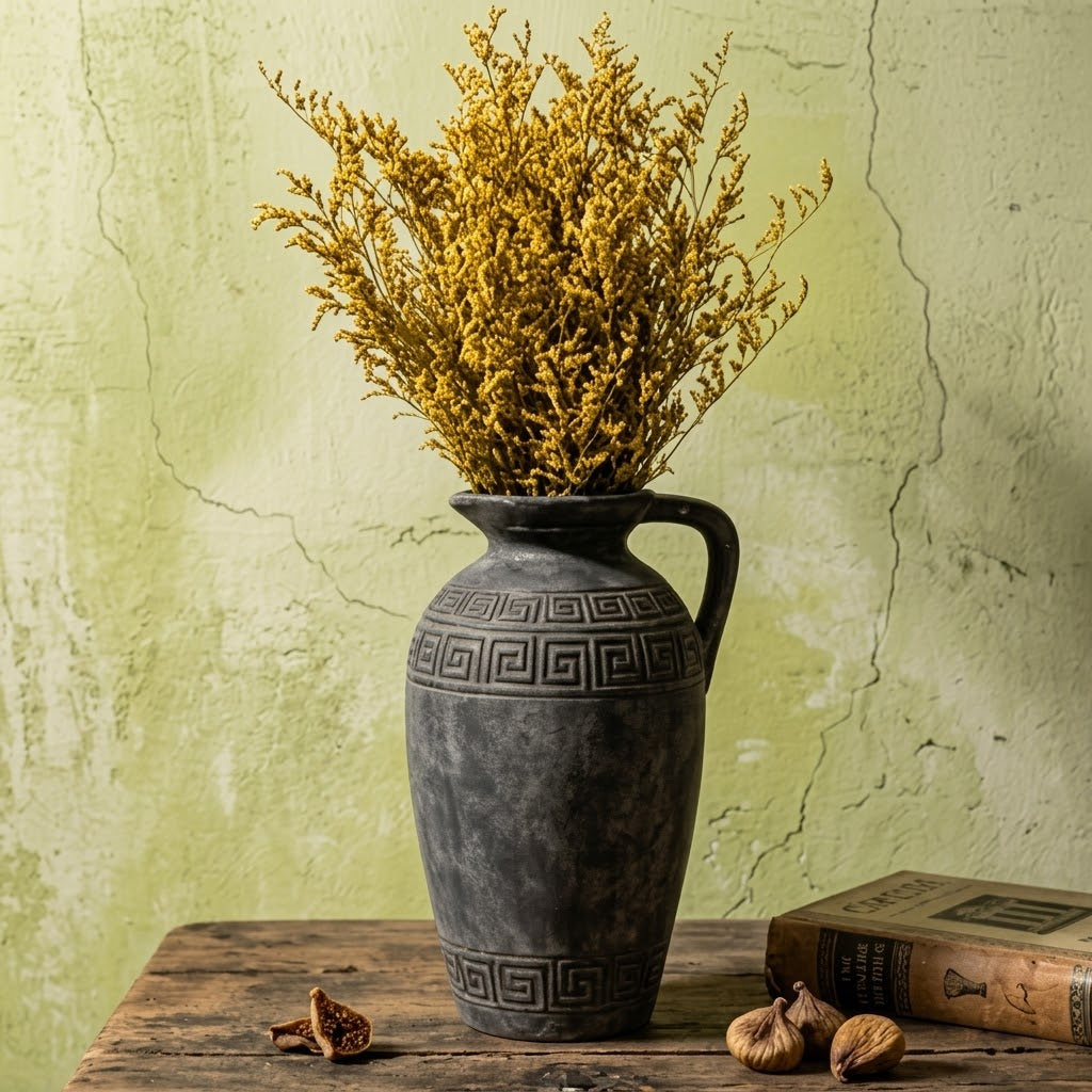 Antiqued Charcoal Greek Key Pitcher Vase