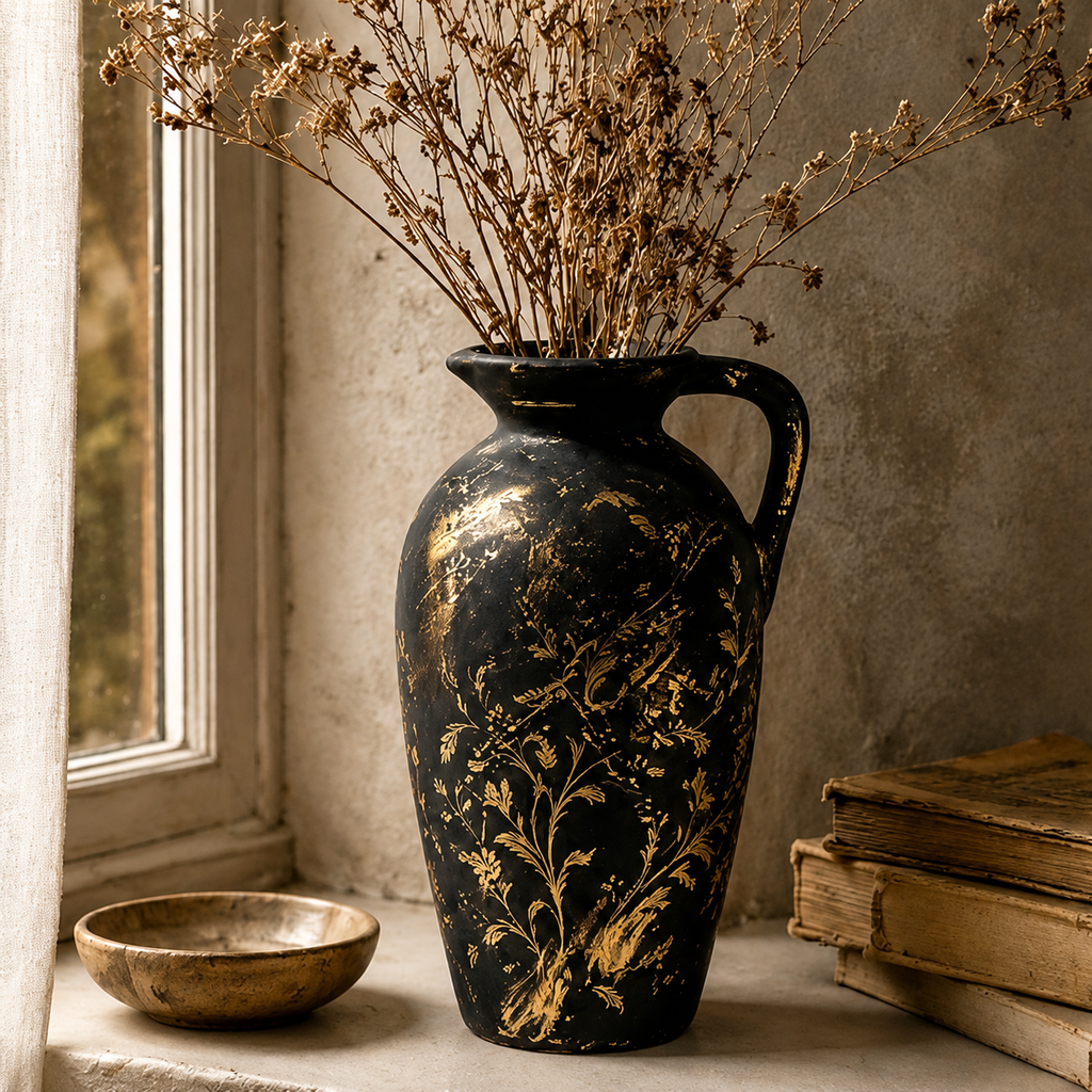 Antique Black and Gold Botanical Pitcher Vase