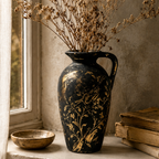 Antique Black and Gold Botanical Pitcher Vase