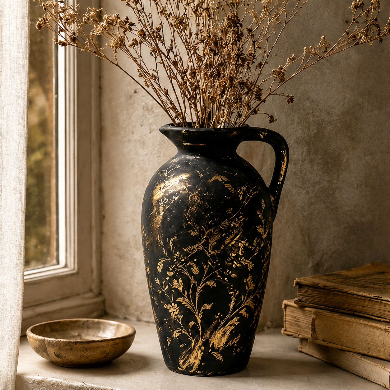 Antique Black and Gold Botanical Pitcher Vase
