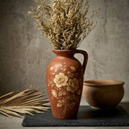 Vintage Terracotta Floral Painted Pitcher Vase