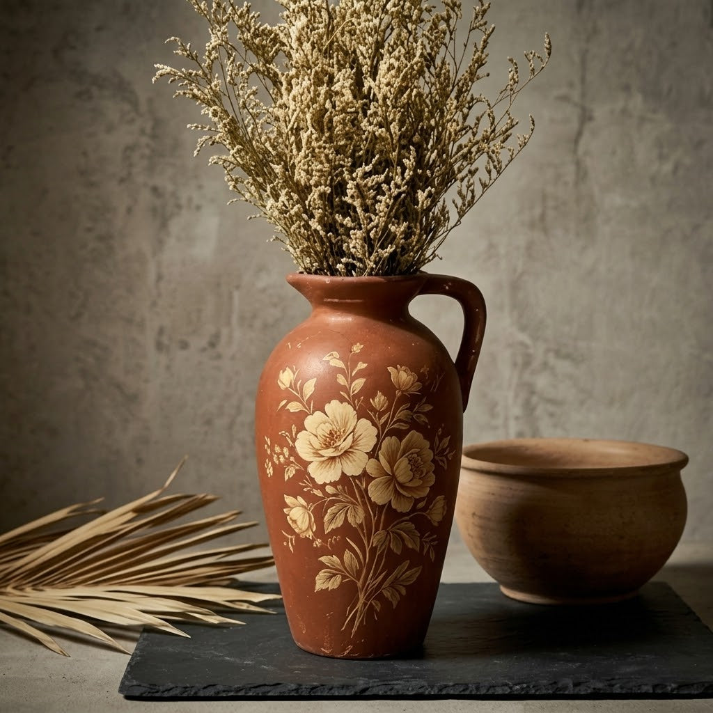 Vintage Terracotta Floral Painted Pitcher Vase