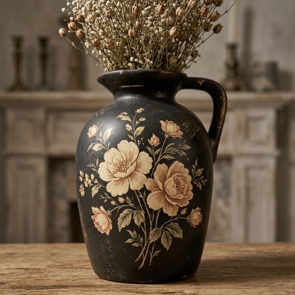 Vintage Black Floral Painted Pitcher Vase