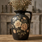Vintage Black Floral Painted Pitcher Vase