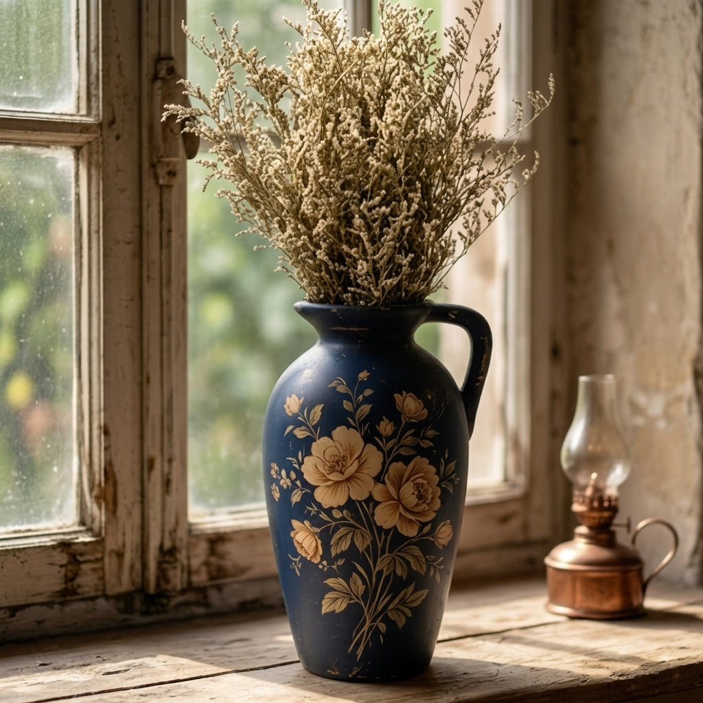 Vintage Navy Floral Painted Pitcher Vase