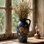 Vintage Navy Floral Painted Pitcher Vase