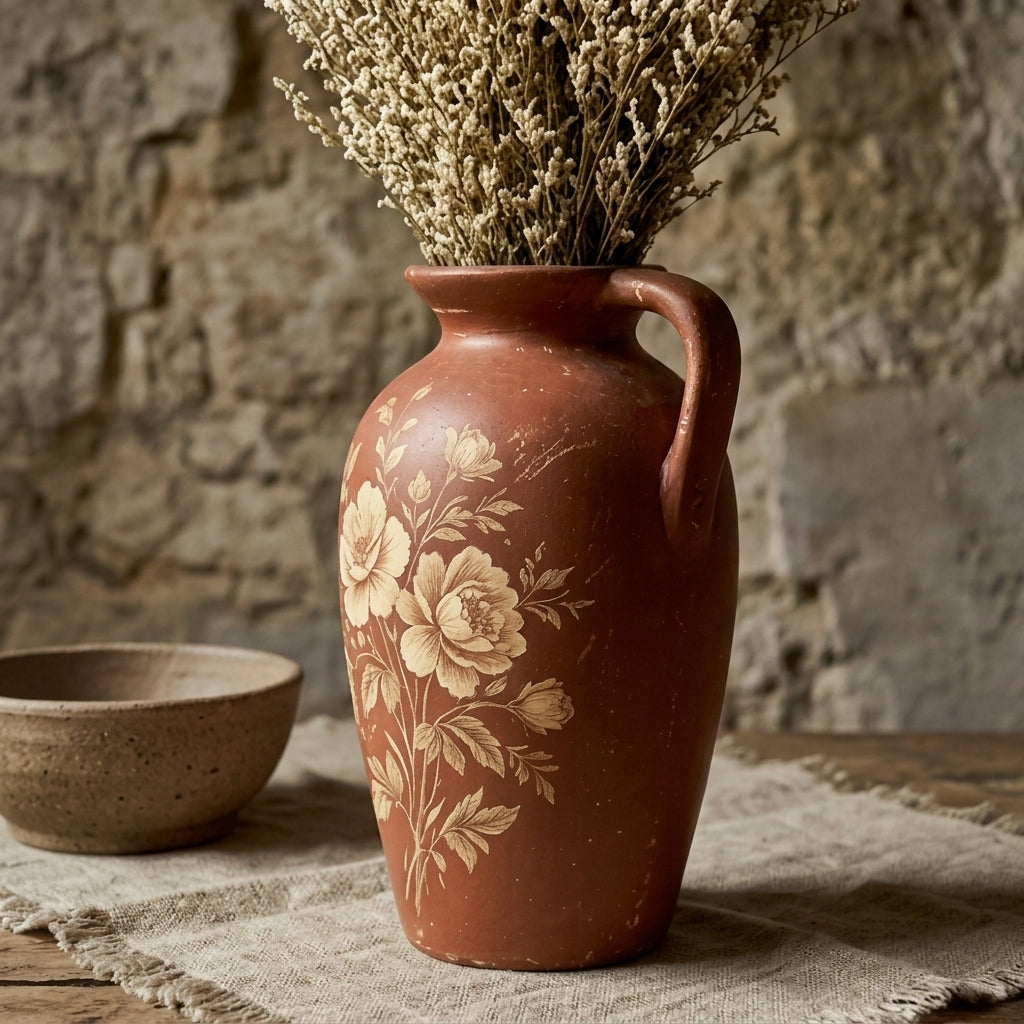 Vintage Terracotta Floral Painted Pitcher Vase