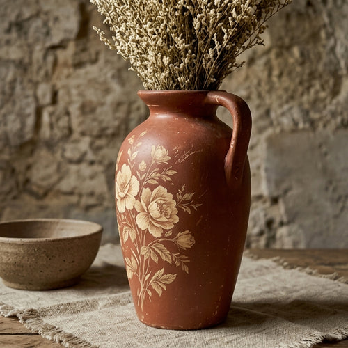 Vintage Terracotta Floral Painted Pitcher Vase