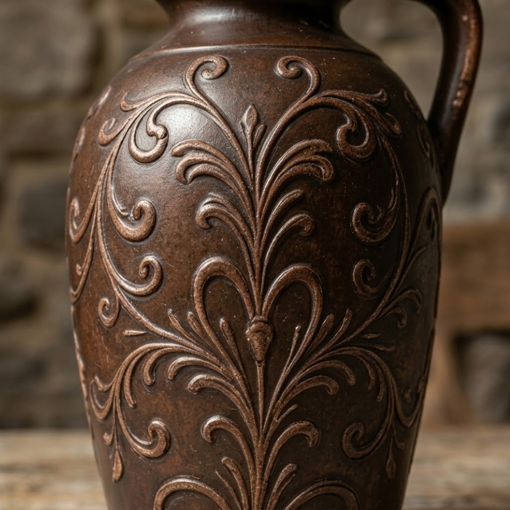 Antiqued Brown Scrollwork Pitcher Vase