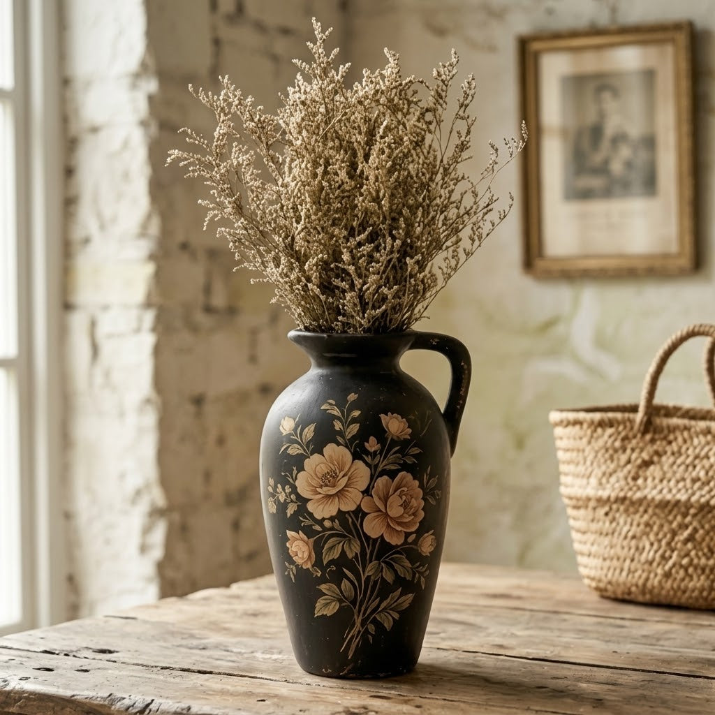 Vintage Black Floral Painted Pitcher Vase