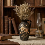 Vintage Black Floral Painted Pitcher Vase