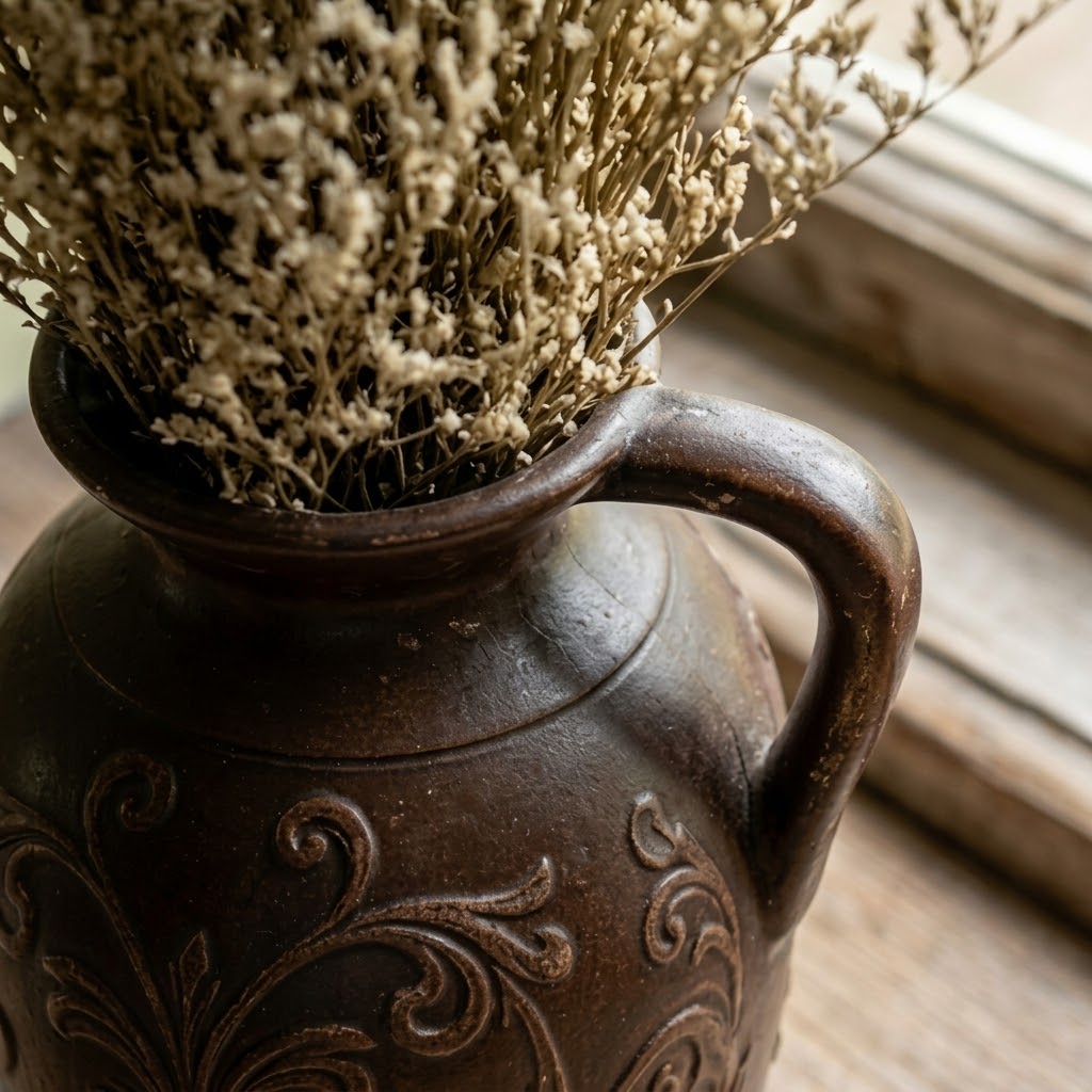 Antiqued Brown Scrollwork Pitcher Vase