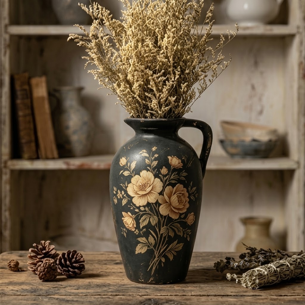 Vintage Noir Floral Painted Pitcher Vase