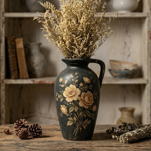 Vintage Noir Floral Painted Pitcher Vase