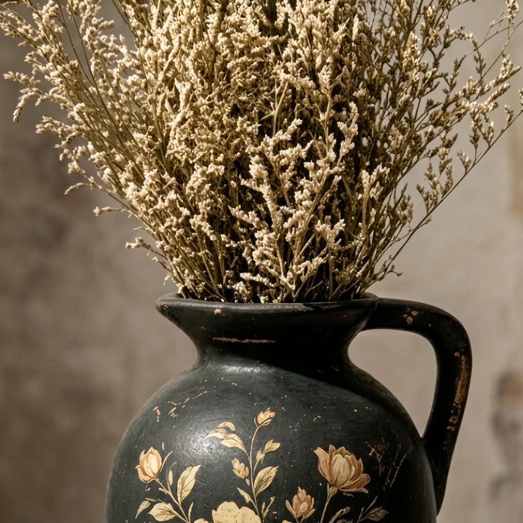 Vintage Noir Floral Painted Pitcher Vase