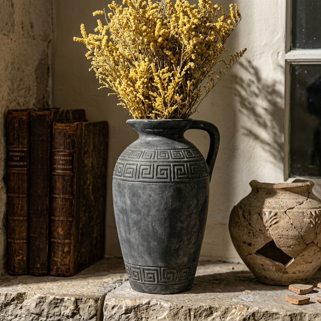 Antiqued Charcoal Greek Key Pitcher Vase