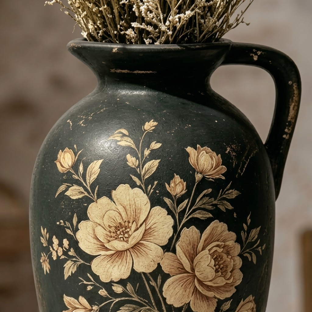 Vintage Noir Floral Painted Pitcher Vase