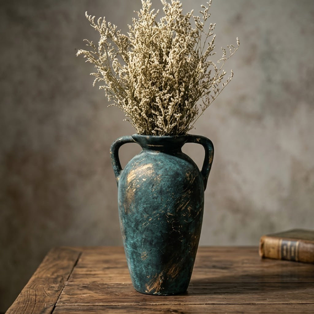 Antique Distressed Teal Amphora Vase