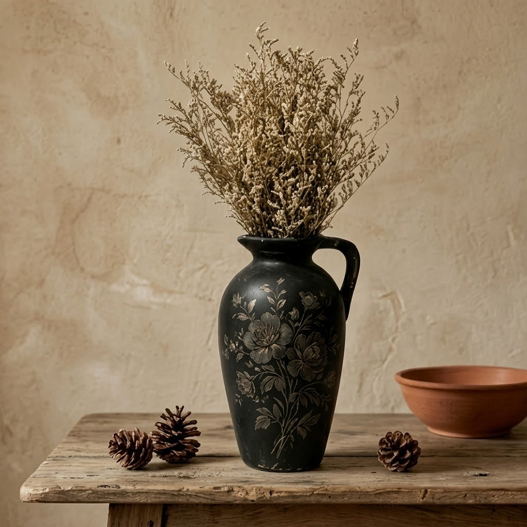 Midnight Peony Black Pitcher Vase