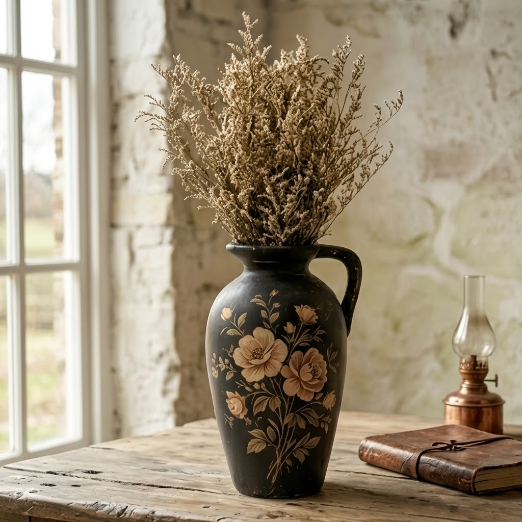 Vintage Noir Floral Painted Pitcher Vase