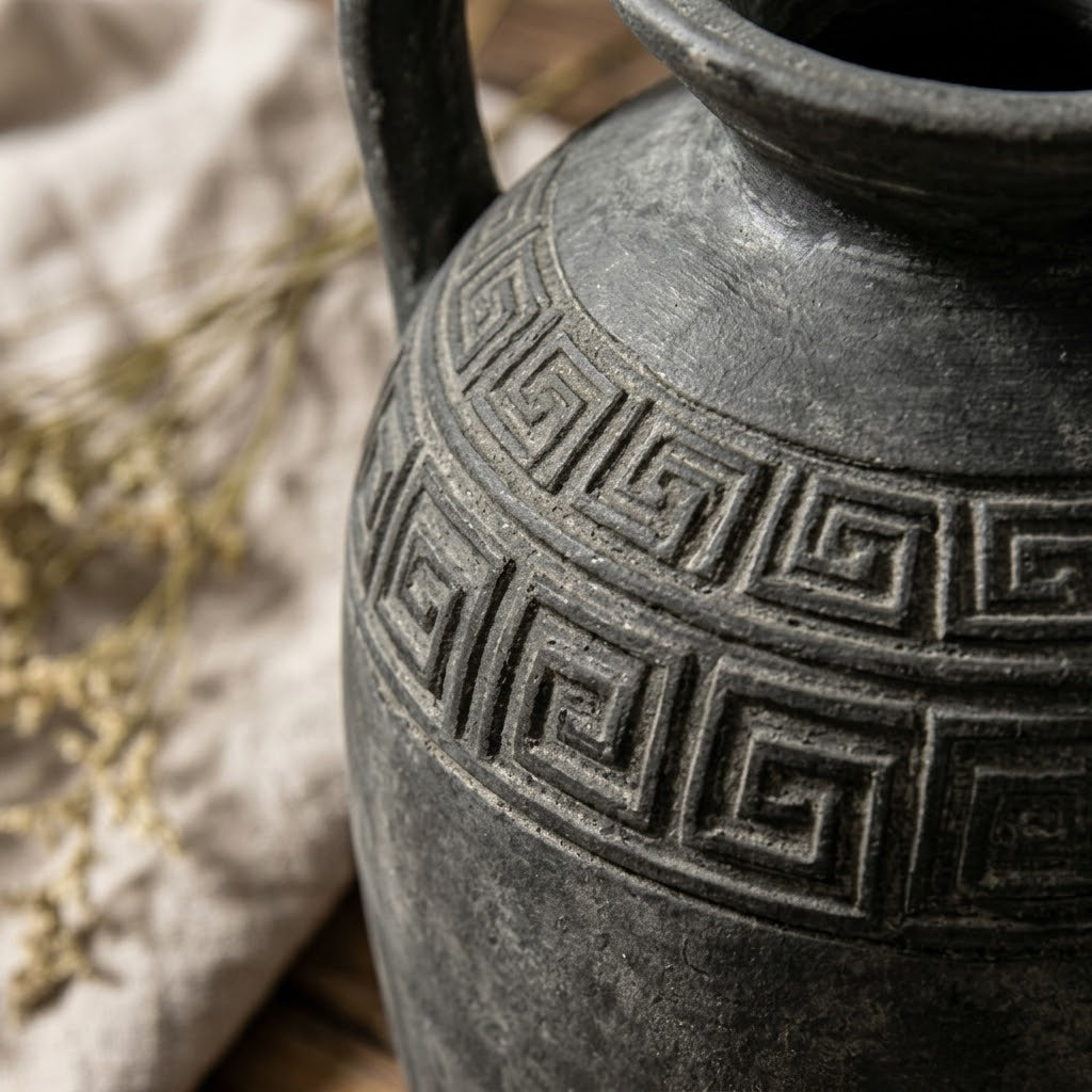 Antiqued Charcoal Greek Key Pitcher Vase