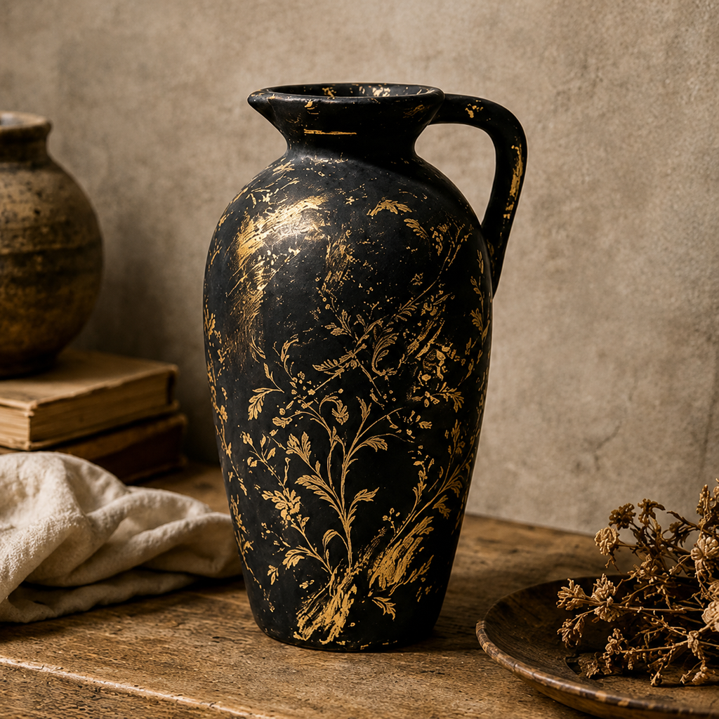 Antique Black and Gold Botanical Pitcher Vase