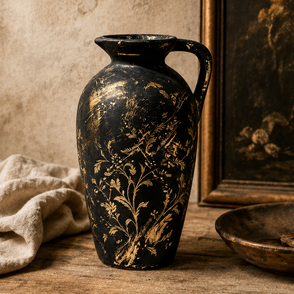 Antique Black and Gold Botanical Pitcher Vase