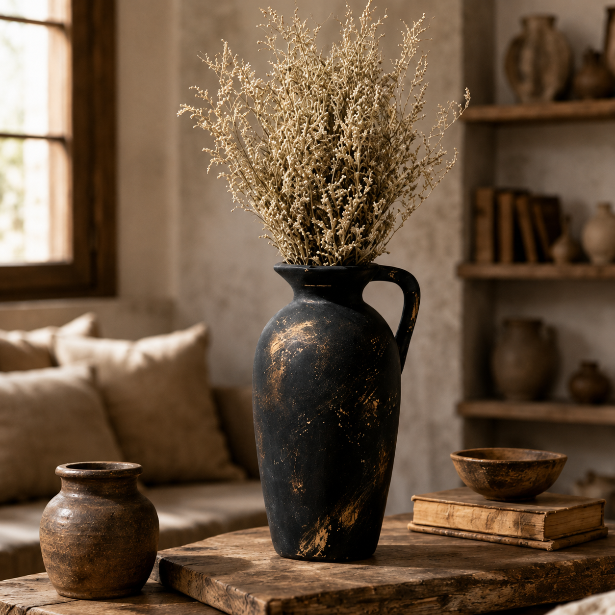 Distressed Black and Gold Pitcher Vase